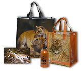 Two reusable tiger totes and an aluminum water bottle